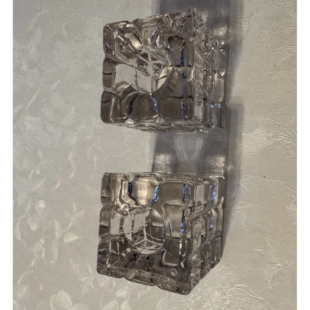 Vintage Biedermann Pair Clear Glass Cube Taper Candle Holders Ice Block Decor